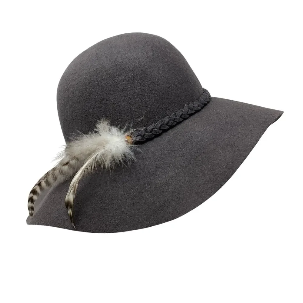 Forever 21 Wool Felt Cloche Hat Gray Feather Accent Wide Brim One Size Womens